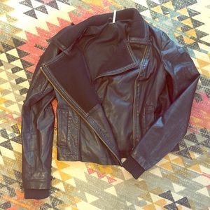 Vegan leather jacket with ribbed collar